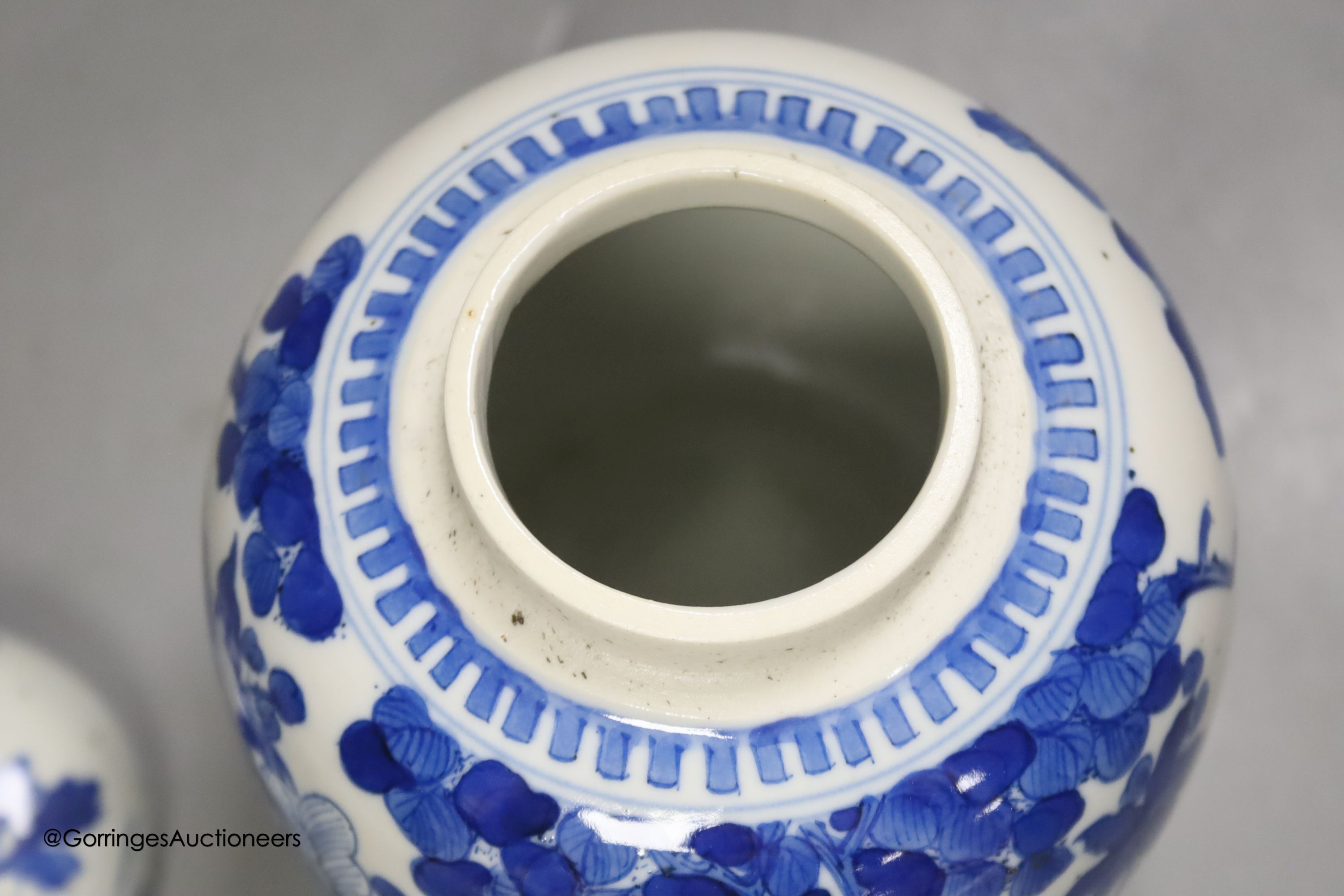 A Chinese blue and white 'birds and flowers' jar and cover, Kangxi mark, c.1900, height 15cm